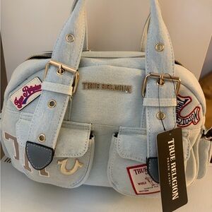 True Religion Pale Blue Denim Satchel with Patch Accents